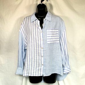 Nicole Miller Artelier Blue and White Striped Linen Button-Down Shirt